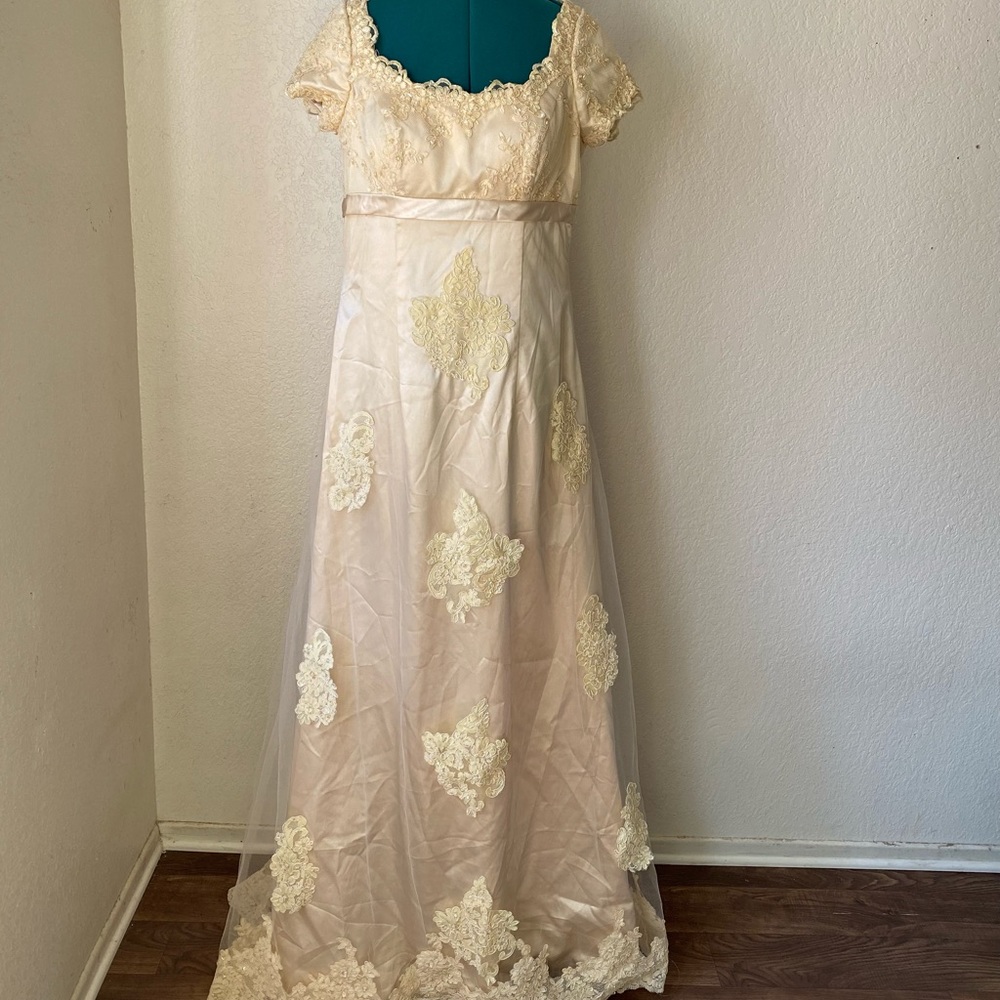 SOLD Champagne Gold Long Satin Pearl Wedding Dress - Picture 2 of 8